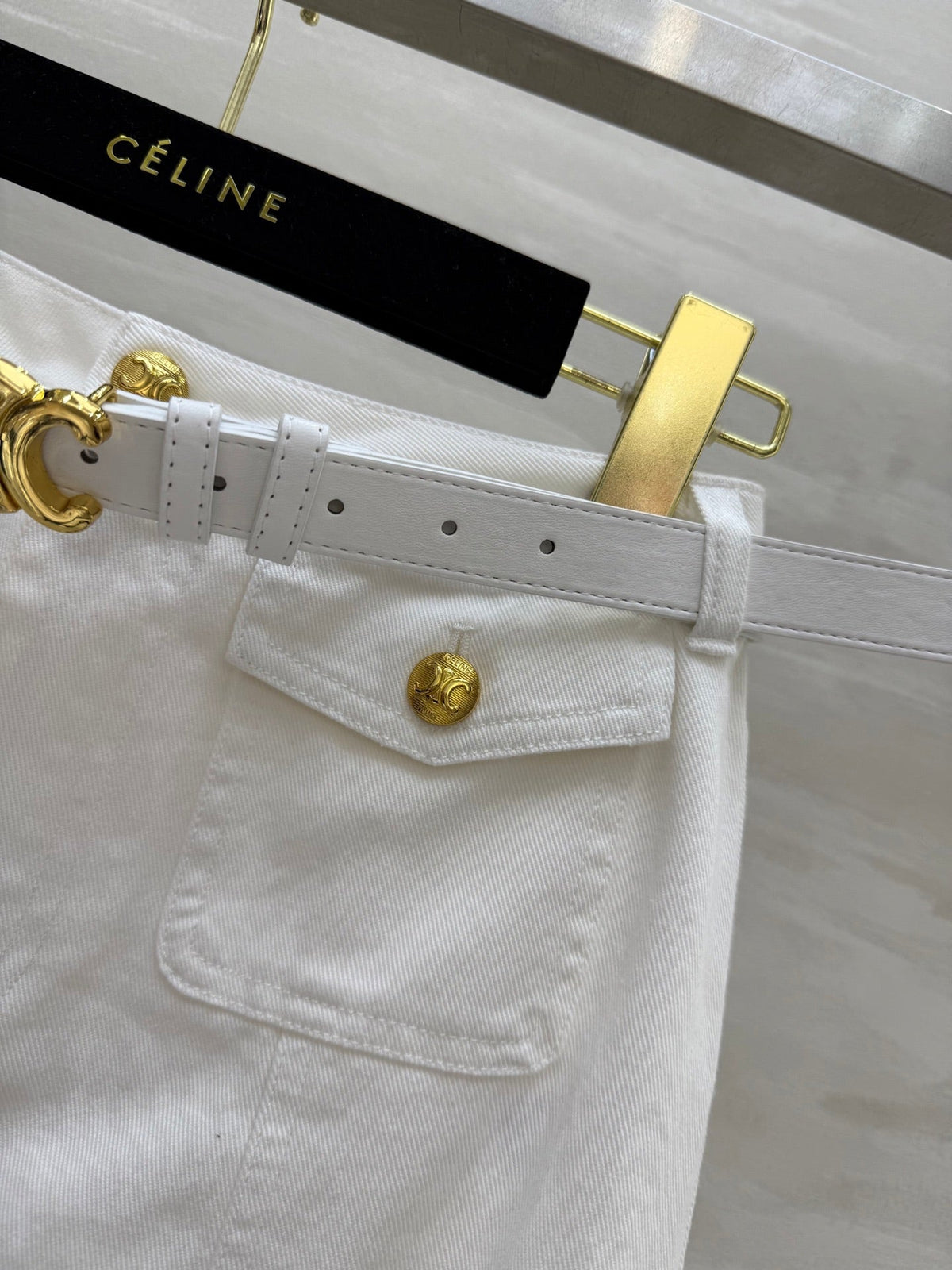 Celine 25 Denim Skirt with Logo Belt White Cotton