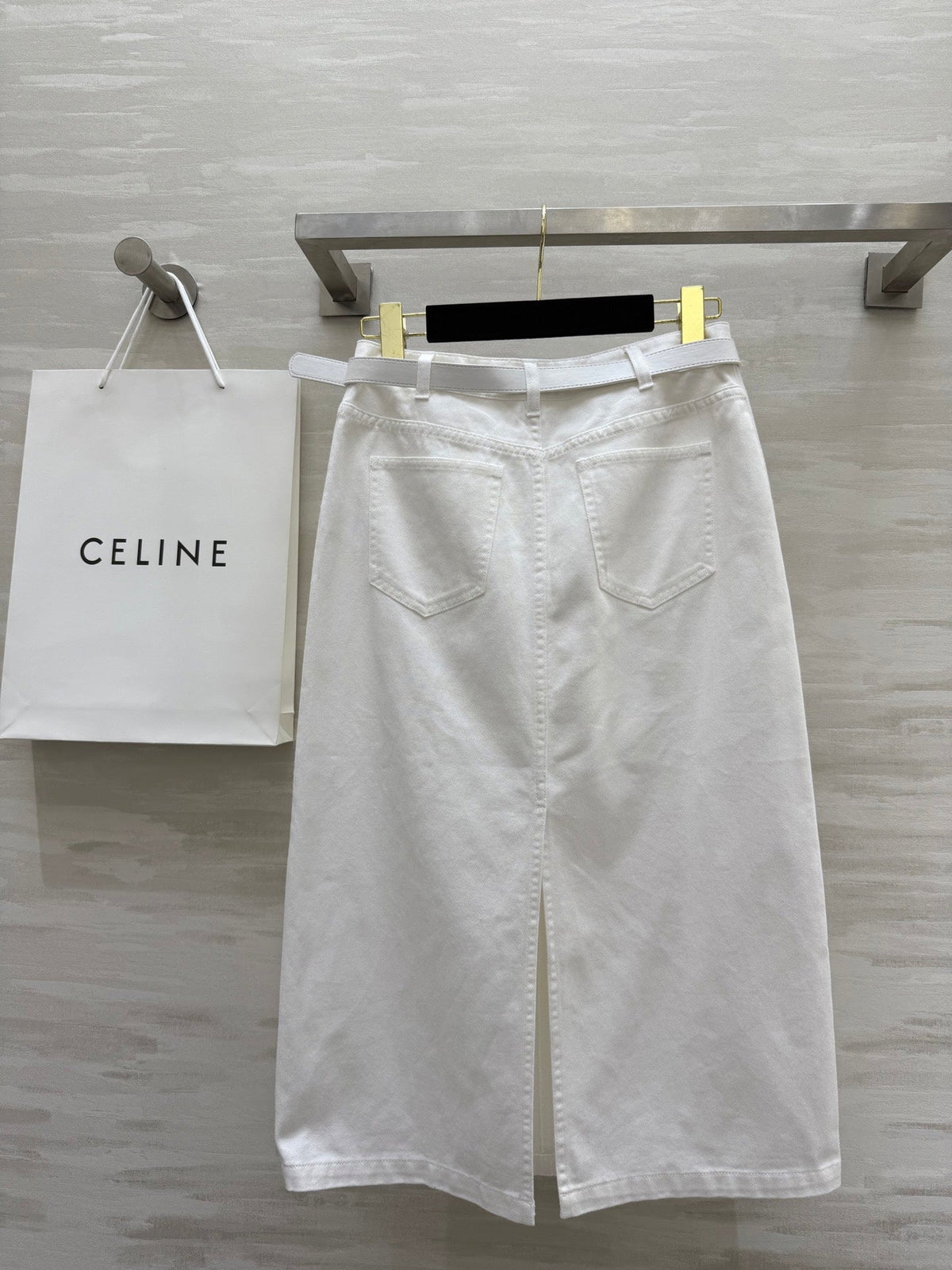 Celine 25 Denim Skirt with Logo Belt White Cotton