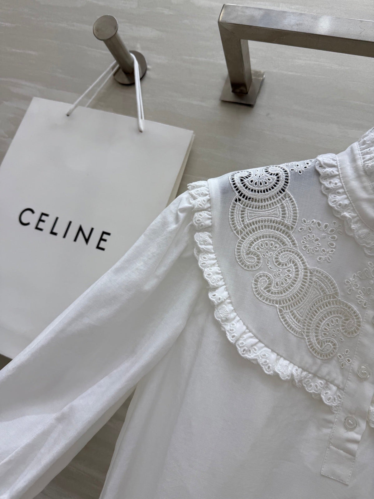 Celine 25 Long sleeve embroidered shirt dress White Cotton