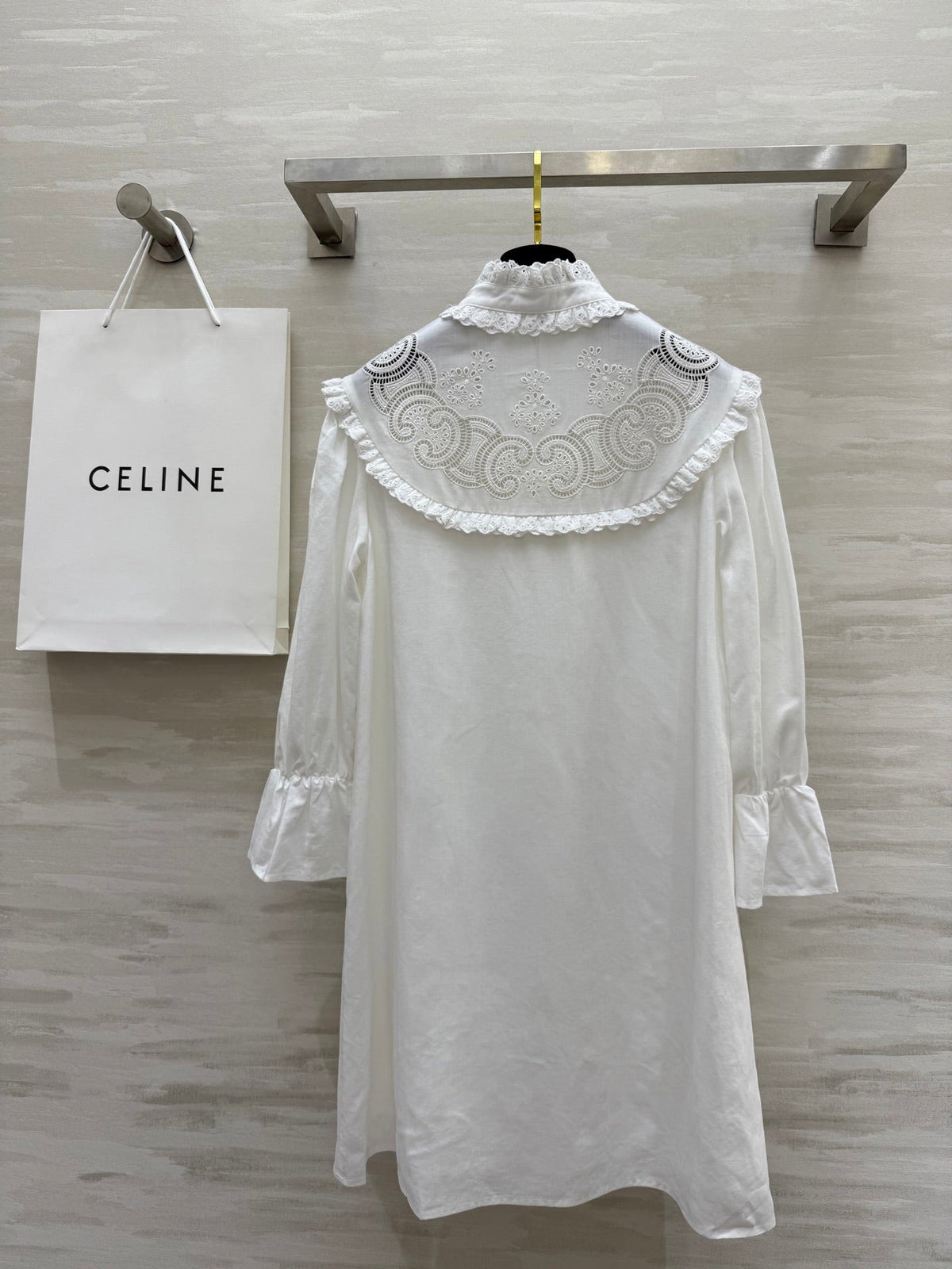 Celine 25 Long sleeve embroidered shirt dress White Cotton