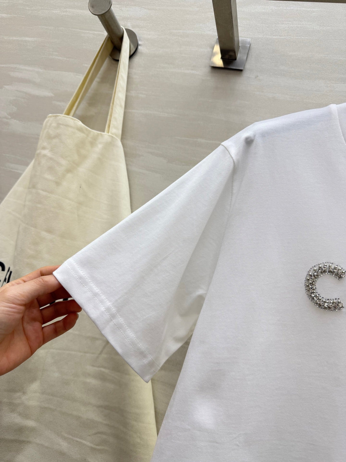 Celine 26s T-Shirt Rhinestone White Cotton 363624