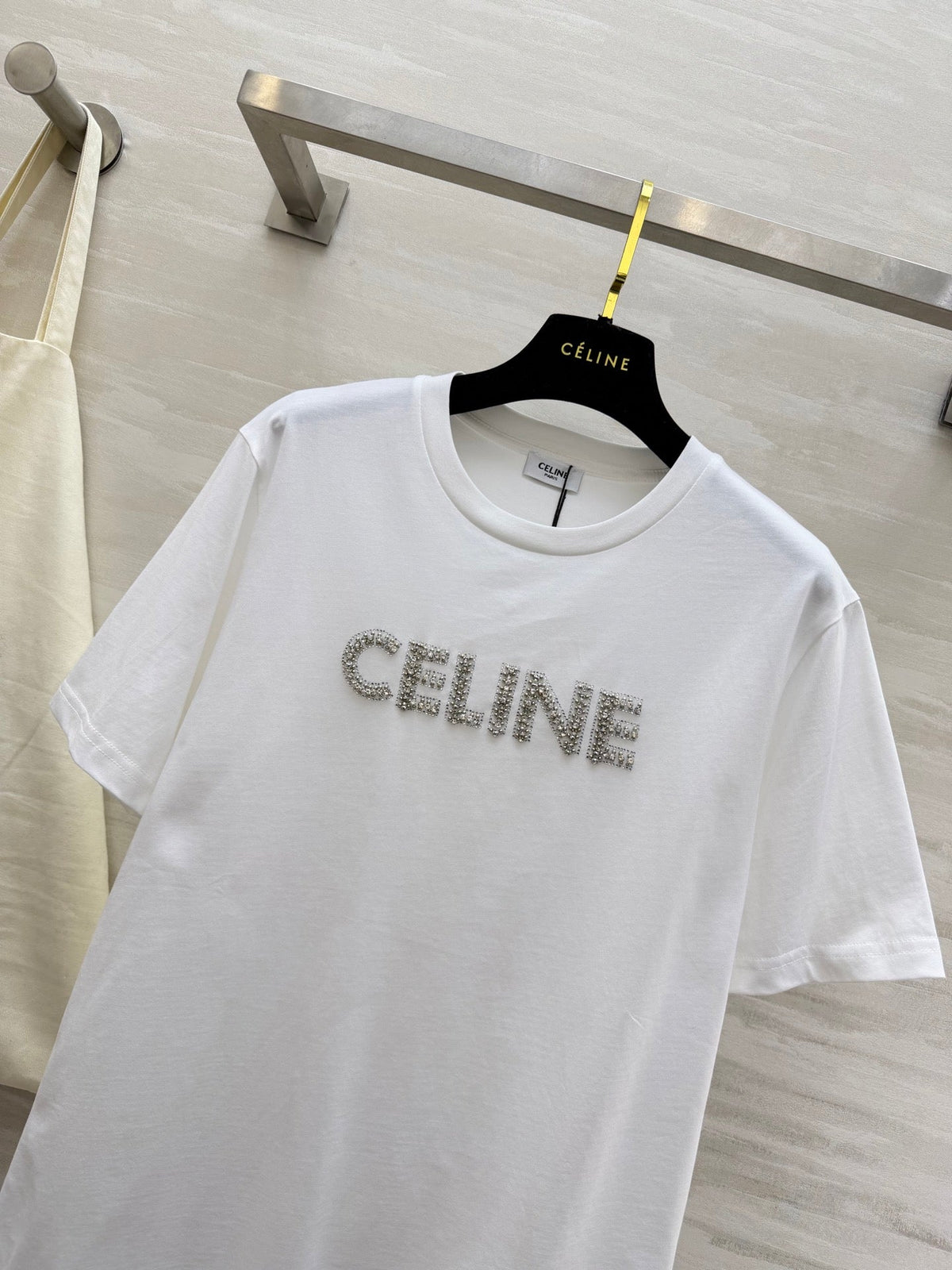 Celine 26s T-Shirt Rhinestone White Cotton 363624