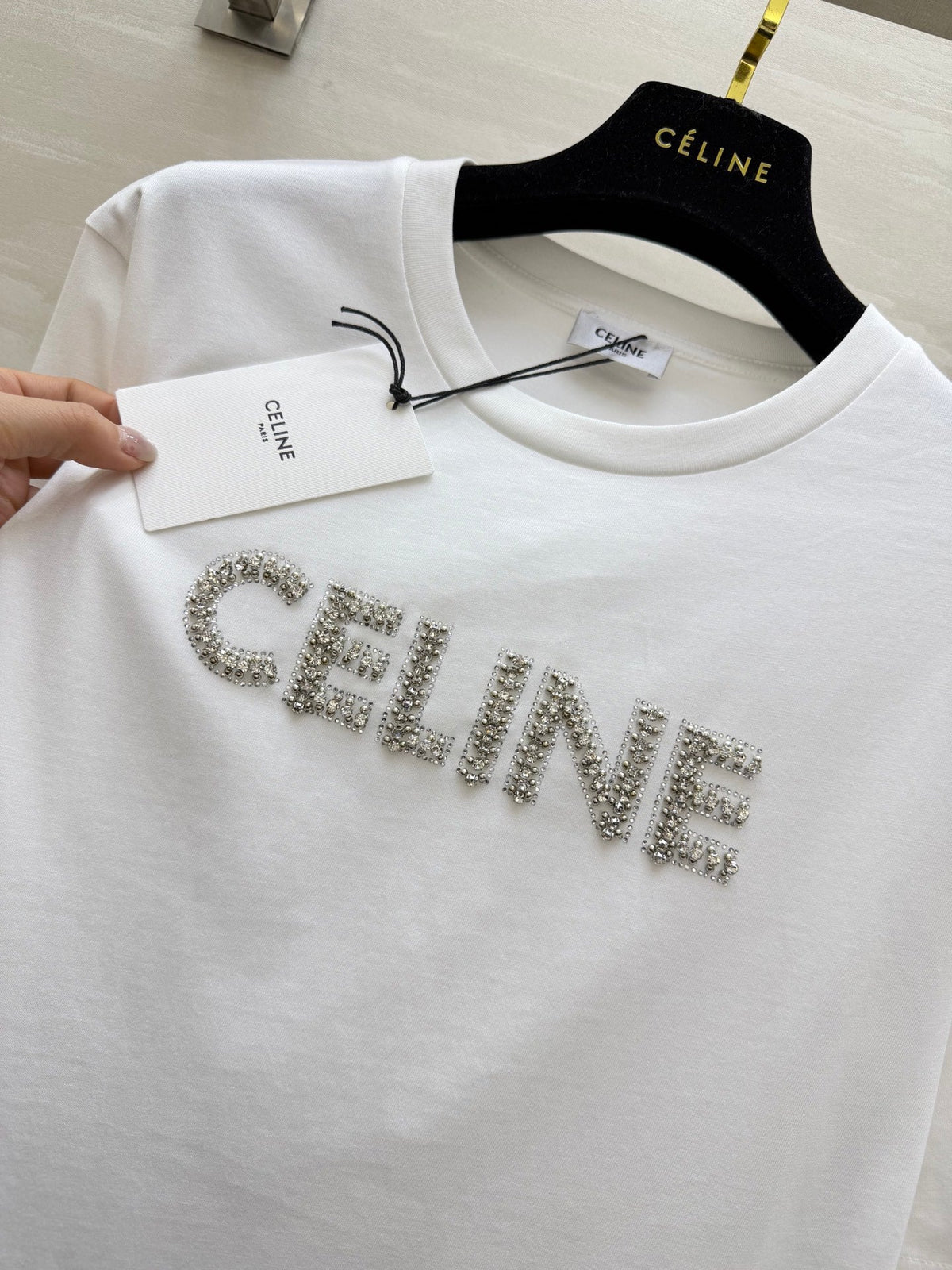 Celine 26s T-Shirt Rhinestone White Cotton 363624