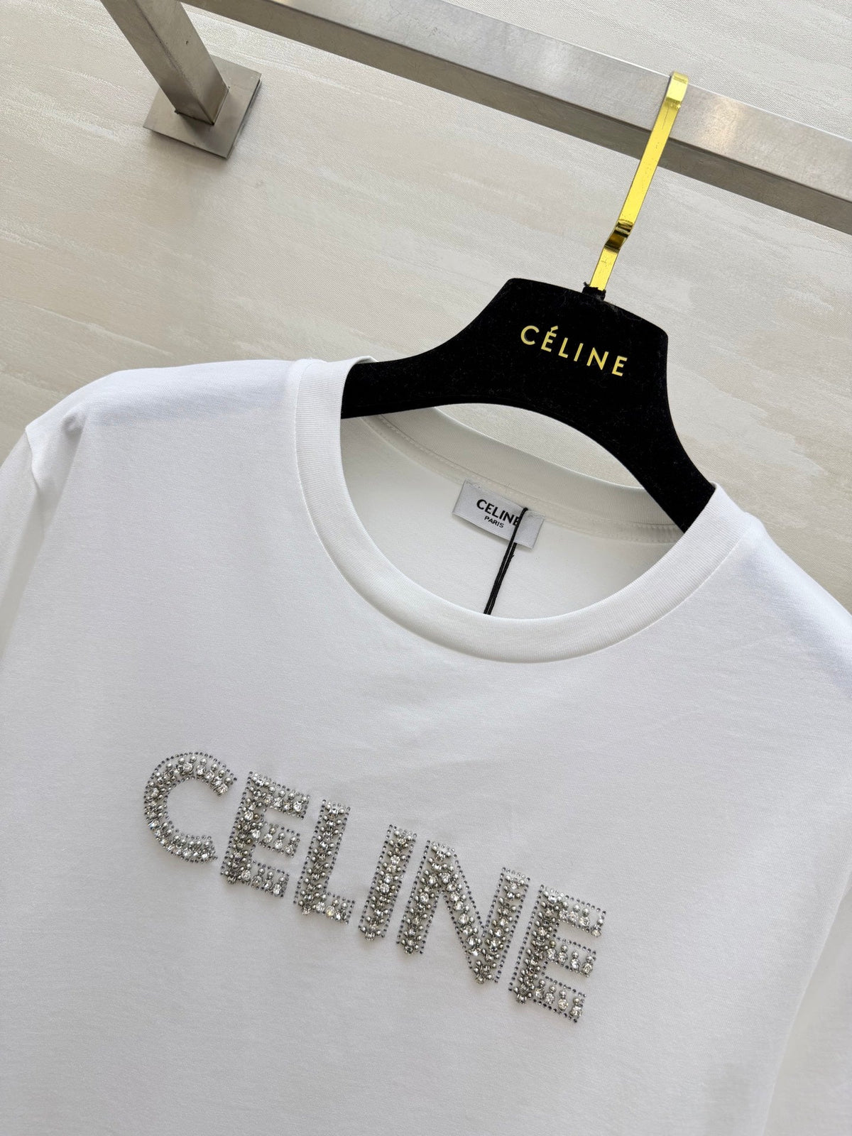 Celine 26s T-Shirt Rhinestone White Cotton 363624