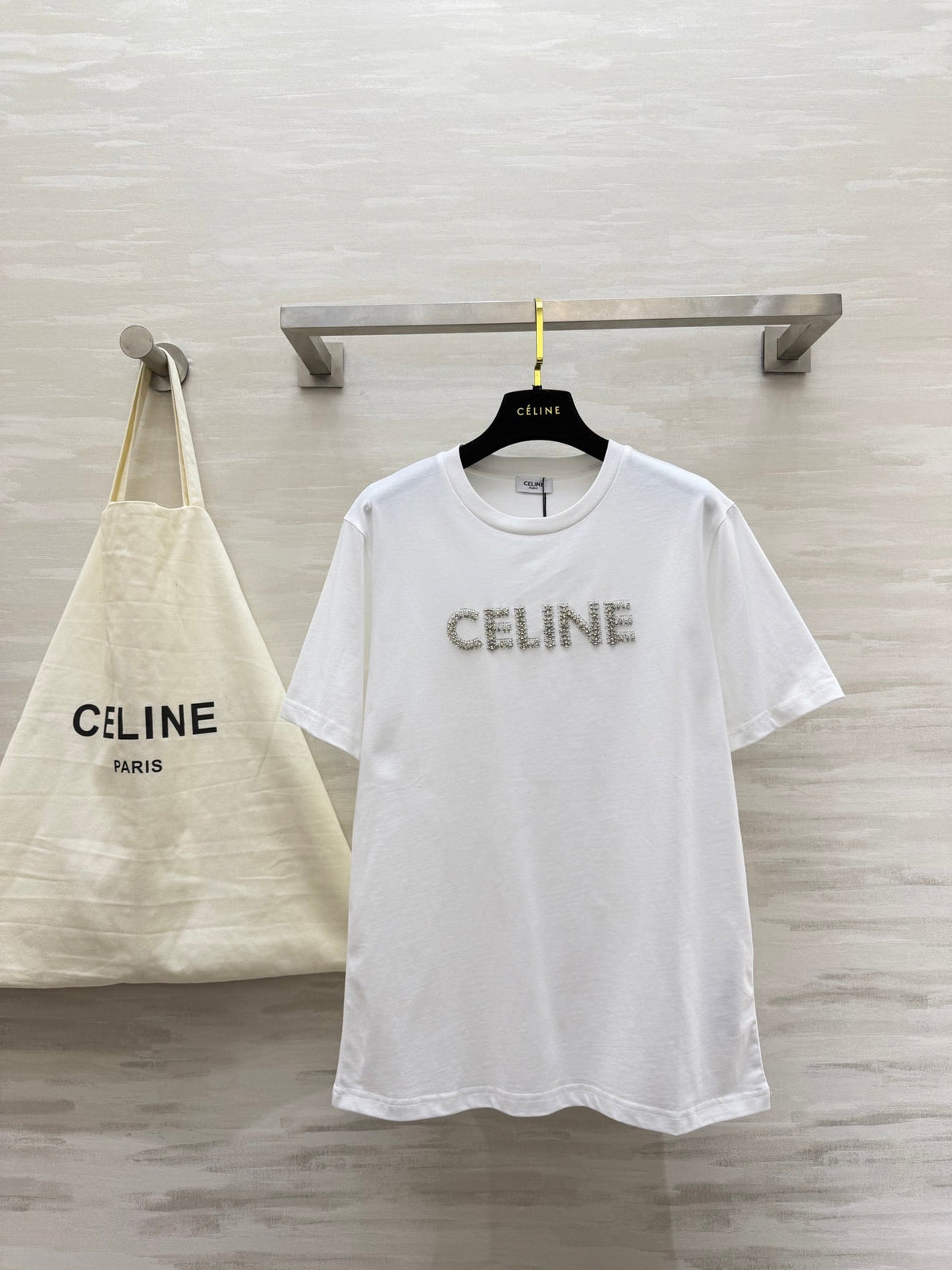 Celine 26s T-Shirt Rhinestone White Cotton 363624