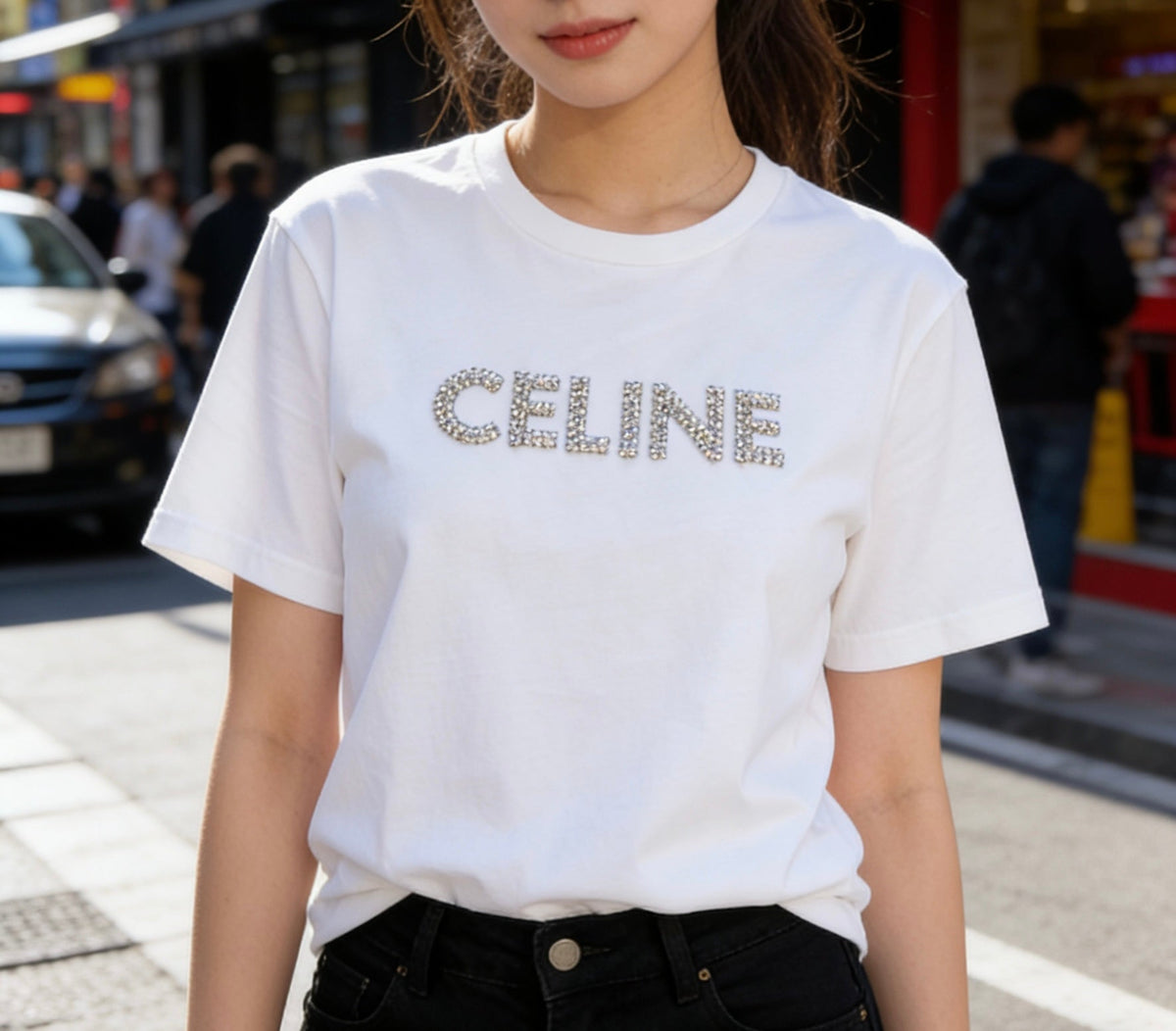 Celine 26s T-Shirt Rhinestone White Cotton 363624