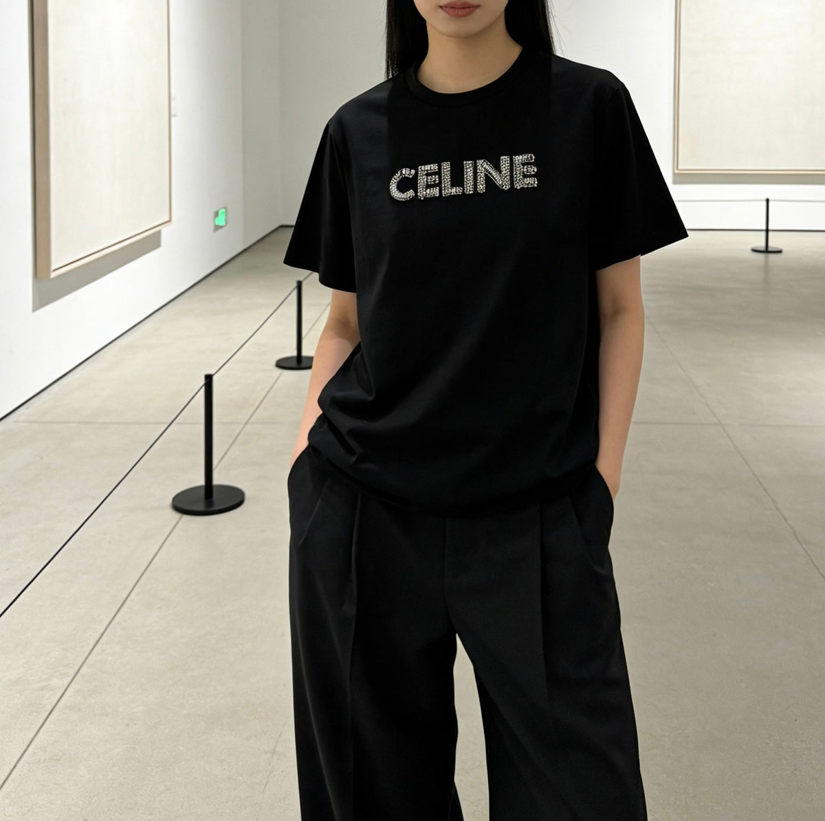Celine 26s T-Shirt Rhinestone Black Cotton 363626