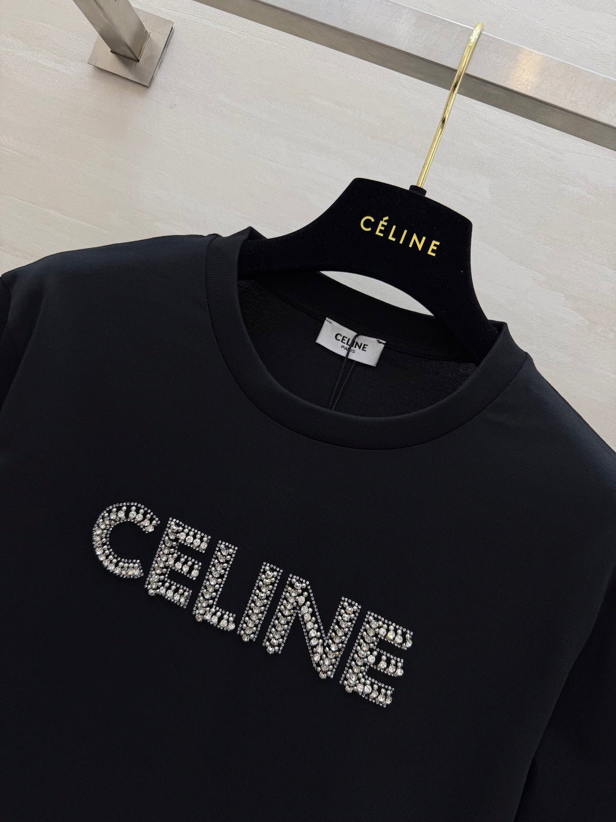 Celine 26s T-Shirt Rhinestone Black Cotton 363626
