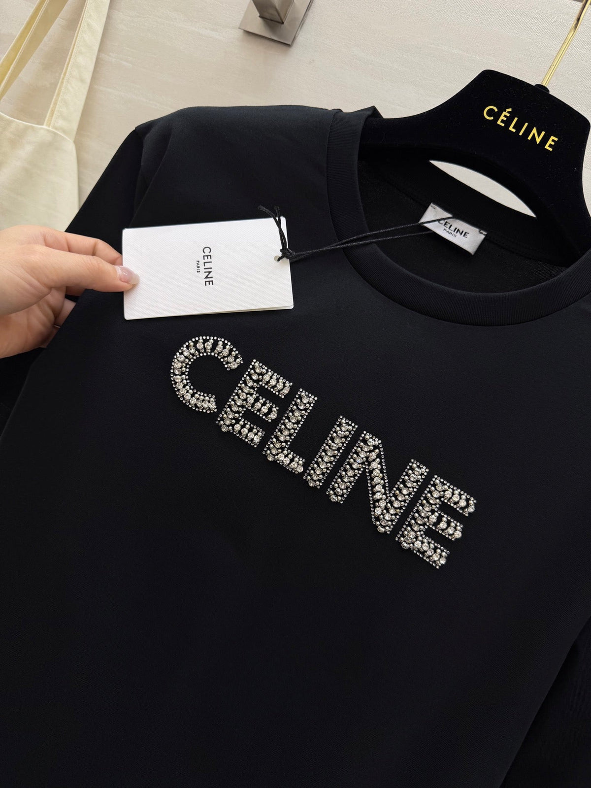 Celine 26s T-Shirt Rhinestone Black Cotton 363626
