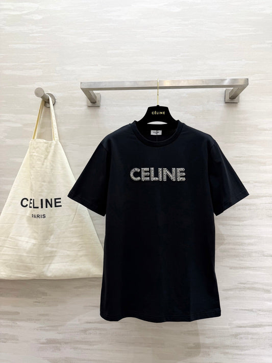Celine 26s T-Shirt Rhinestone Black Cotton 363626