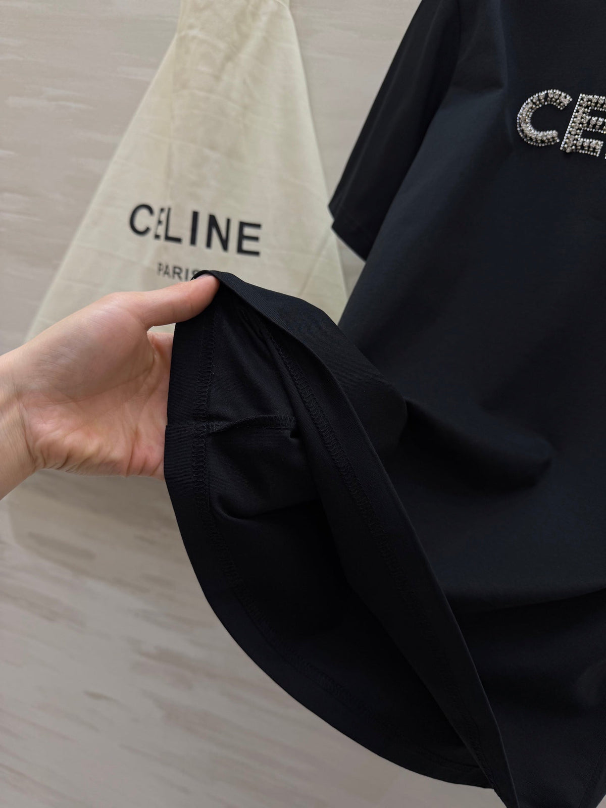 Celine 26s T-Shirt Rhinestone Black Cotton 363626