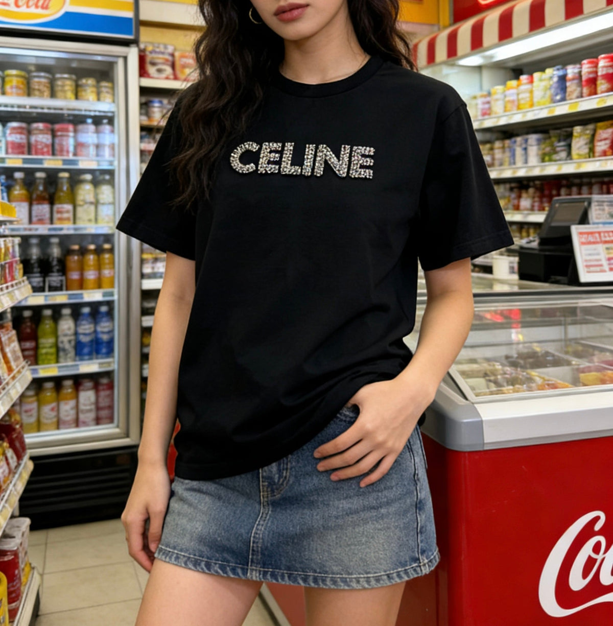 Celine 26s T-Shirt Rhinestone Black Cotton 363626