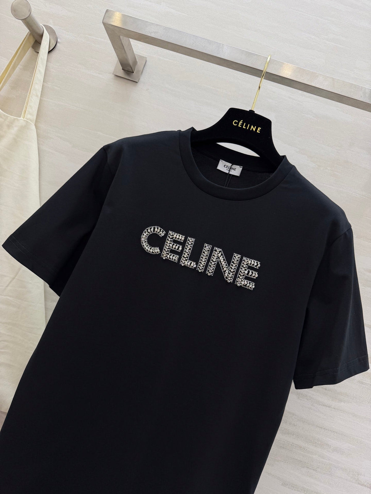 Celine 26s T-Shirt Rhinestone Black Cotton 363626