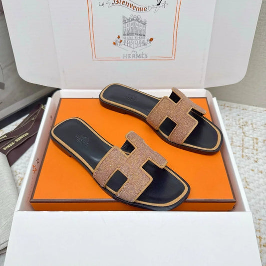 HM 26ss Oran Sandals Rose Bronze Rhinestone Cowhide 625264