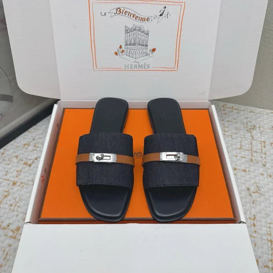 HM 26ss Oasis Sandals Navy Blue Black Denim Cowhide 625152