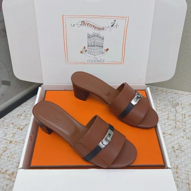 HM 26ss Oasis Sandals 50 Brown Black Sheepskin Sliver Buckle 625173