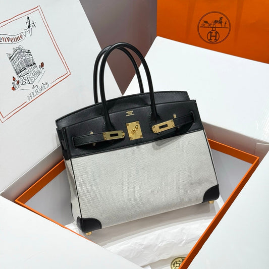 HM Birkin 30cm Black Swift Cowhide With Black White Checkered Canvas Fabric Ghw 249977