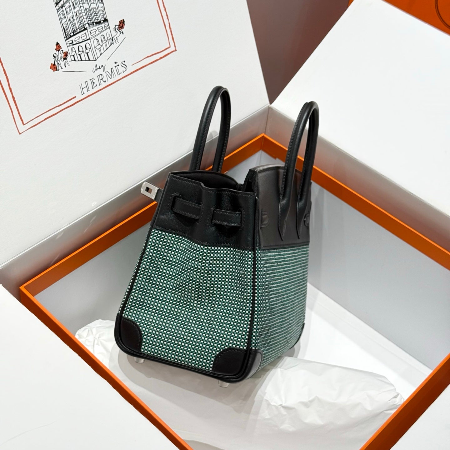 HM Birkin 25cm Black Swift Cowhide With Waffe Forest Green Canvas Fabric Shw 249987
