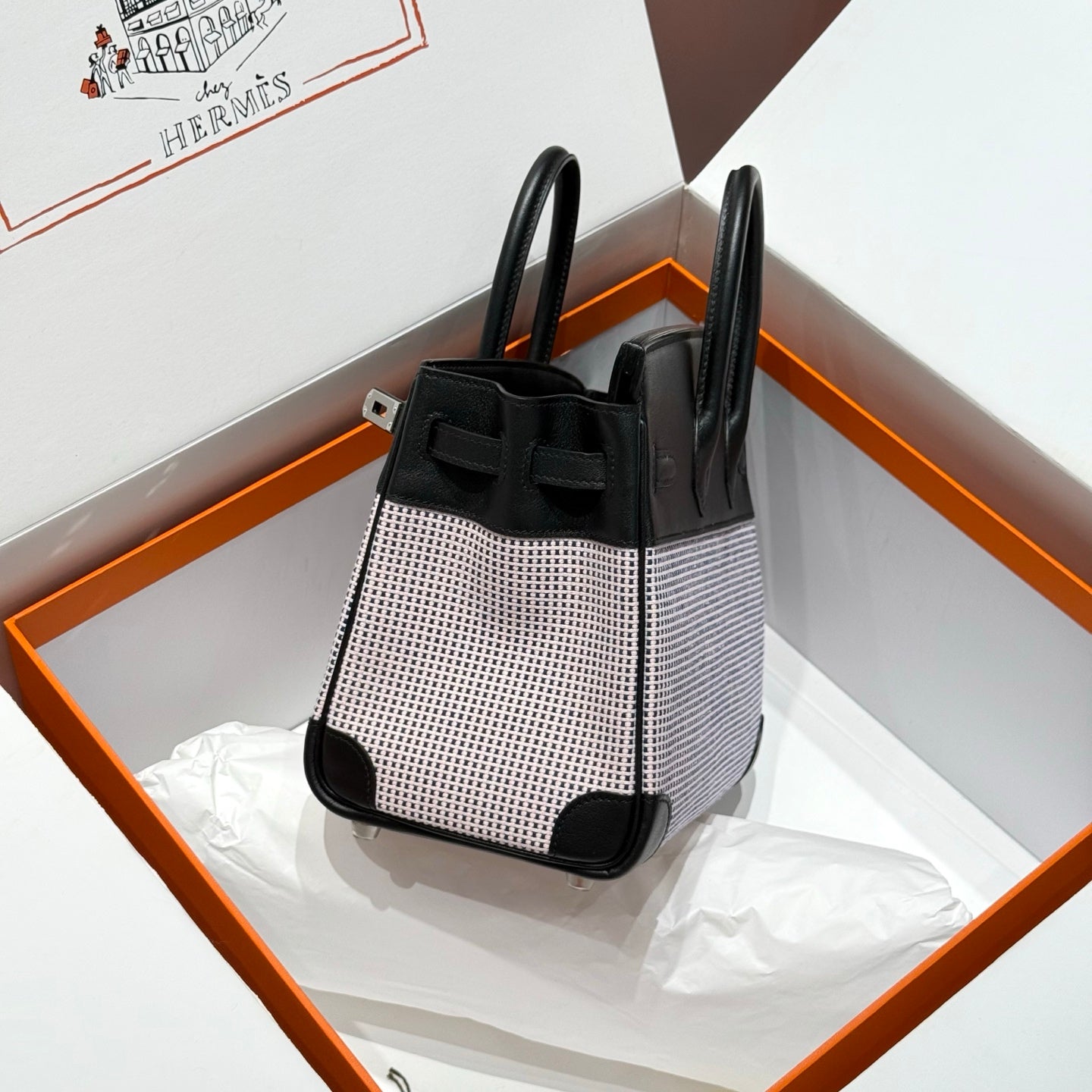 HM Birkin 25cm Black Swift Cowhide With Waffle Light Pink Canvas Fabric Shw 249984