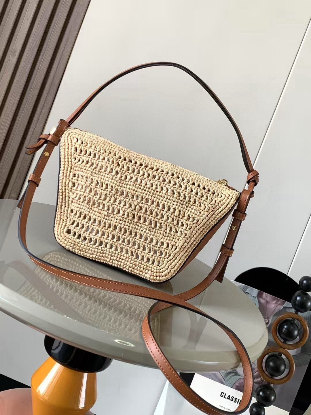 Loewe Ibiza Mini Hammock Hobo Bag Brown Beige Raffia Leather 289314
