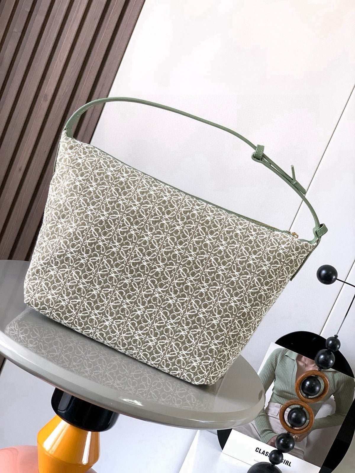Loewe Cubi Anagram Bag 35cm Green White Jacquard Cotton Calfskin
