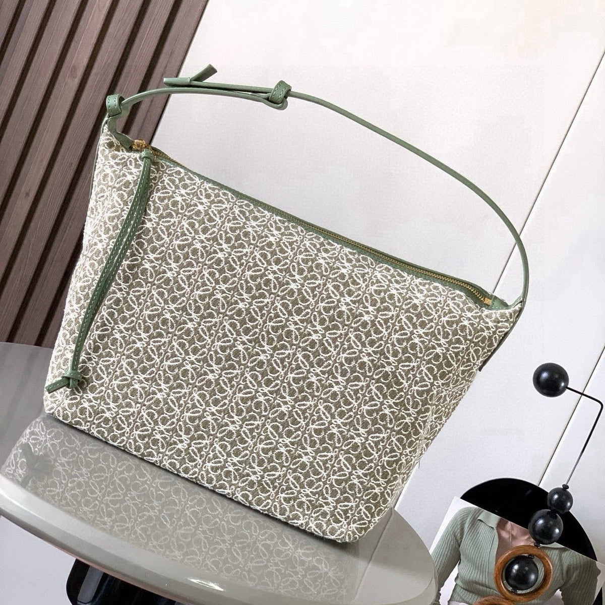 Loewe Cubi Anagram Bag 35cm Green White Jacquard Cotton Calfskin