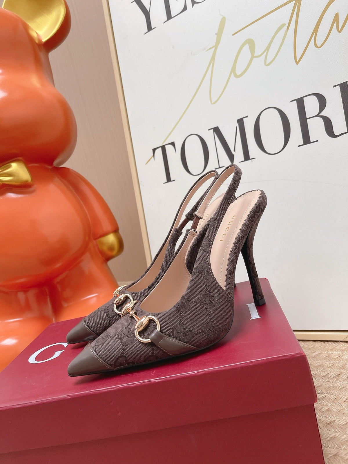 GG 26s Slingback Pump 10.5cm With Horsebit Coffee Leather Canvas 901311