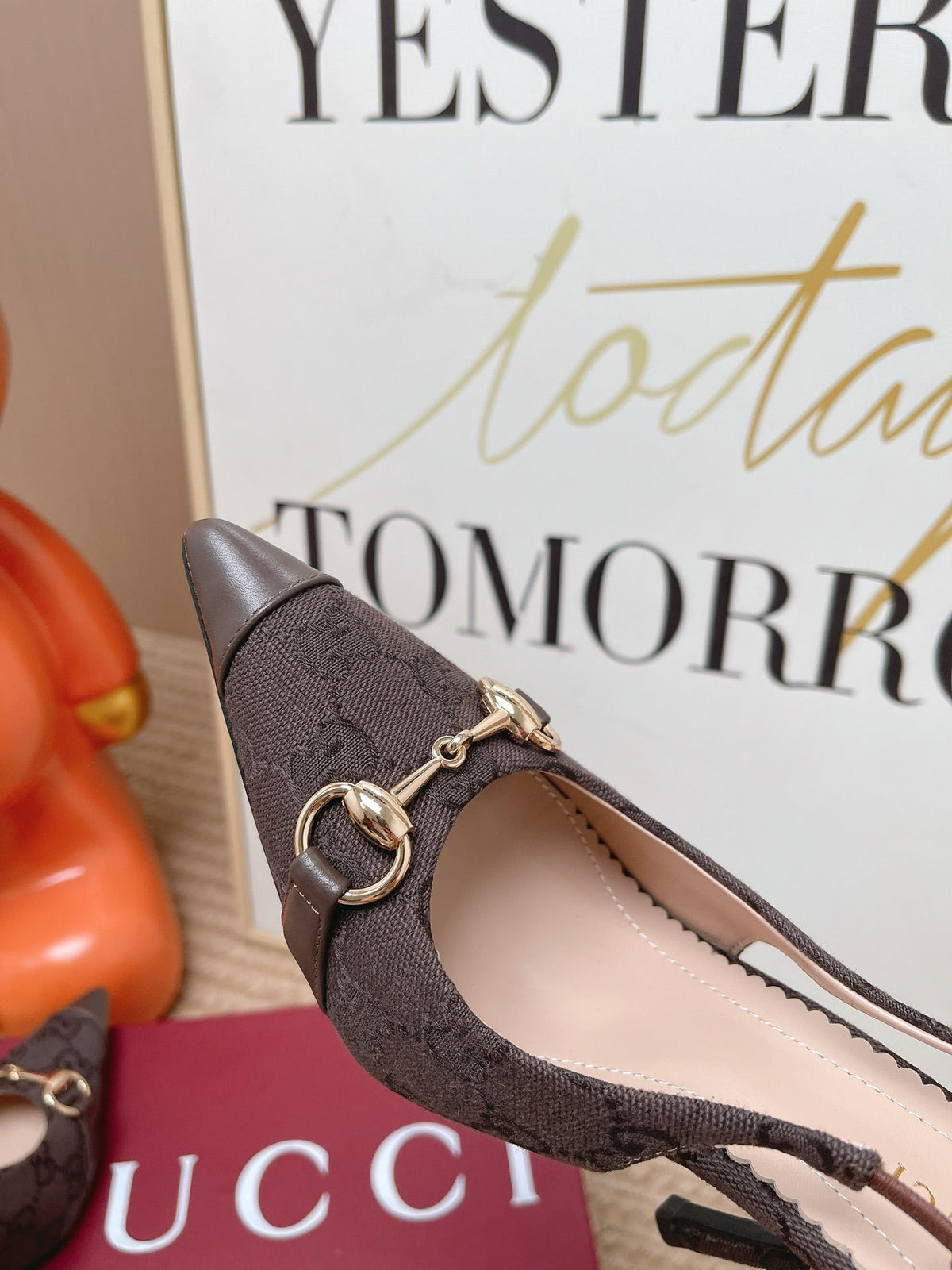GG 26s Slingback Pump 10.5cm With Horsebit Coffee Leather Canvas 901311
