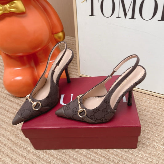 GG 26s Slingback Pump 10.5cm With Horsebit Coffee Leather Canvas 901311