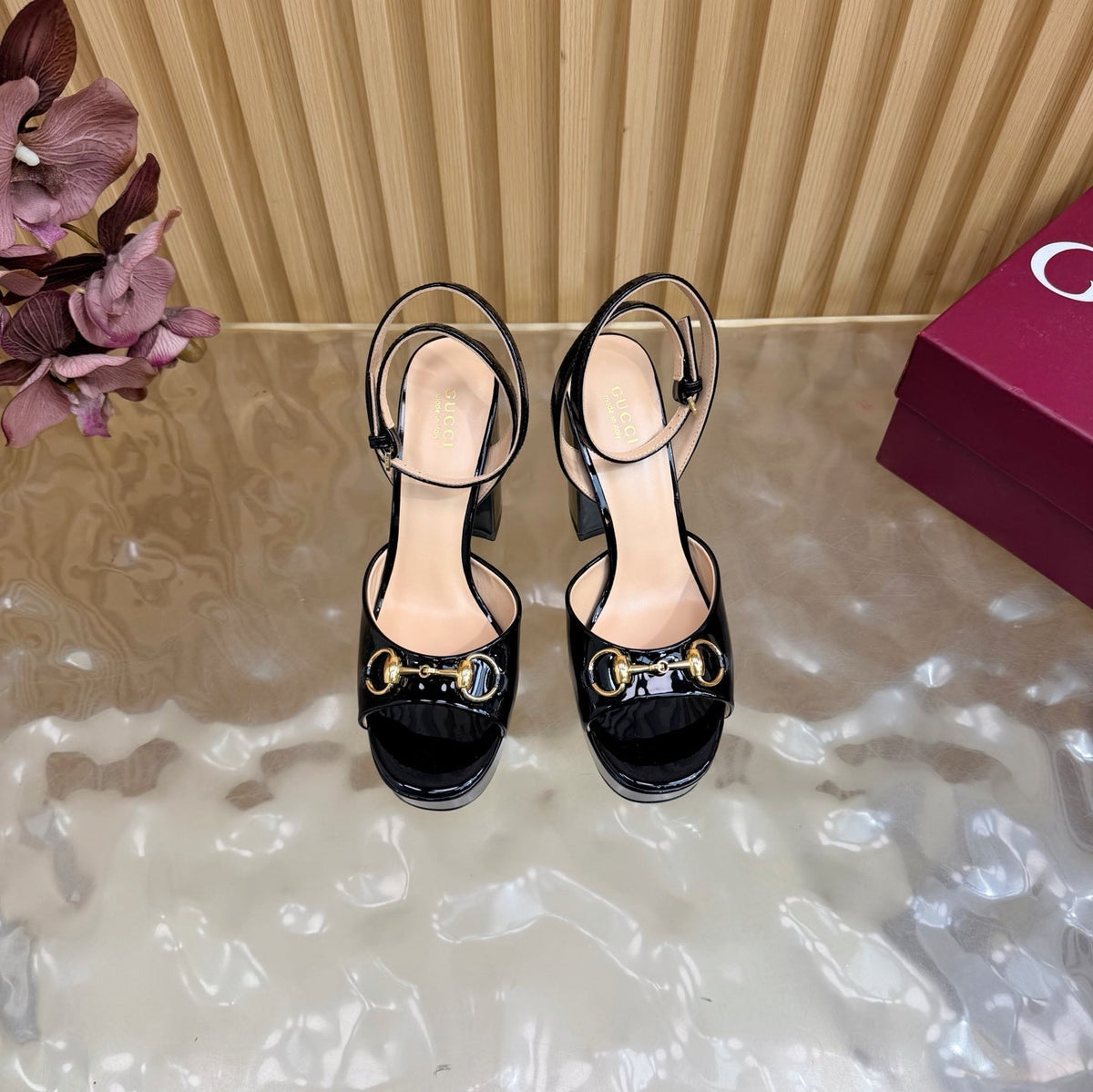 GG 26s Horsebit Platform Sandals 11cm Black Patent Leather 886498