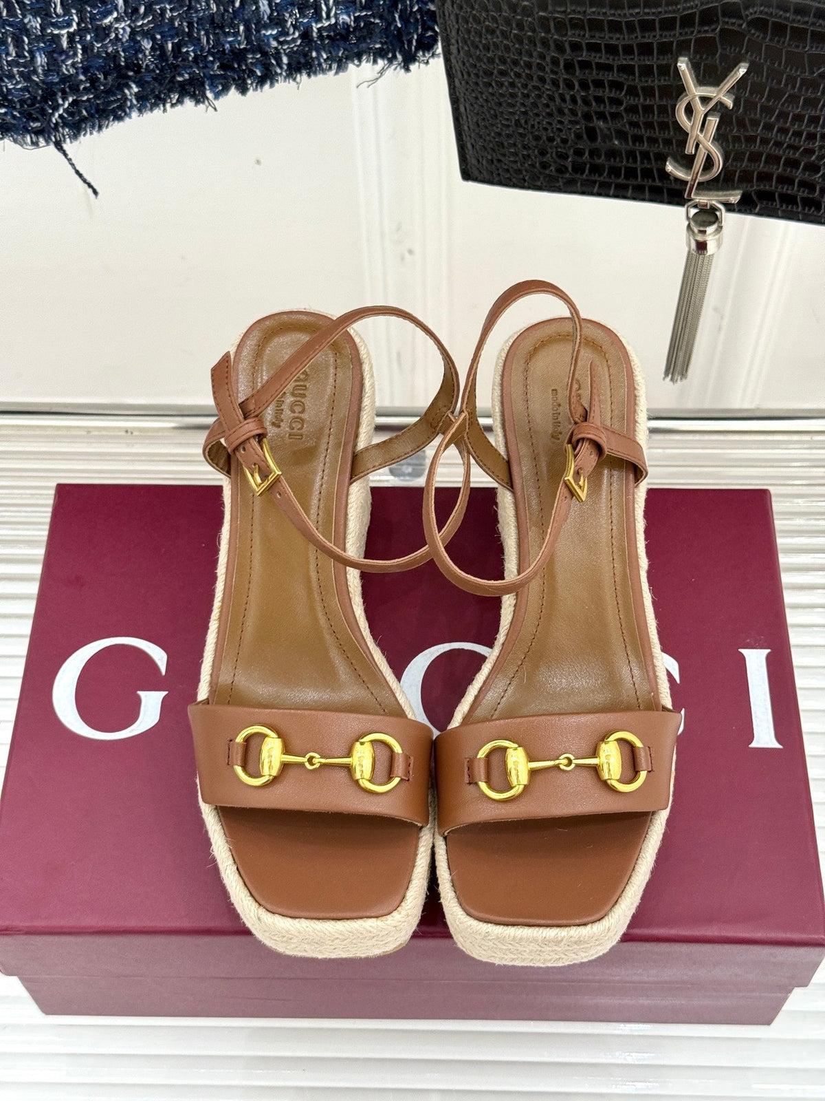 GC Floral Platform Wedge Sandal Brown Mix Beige lambskin