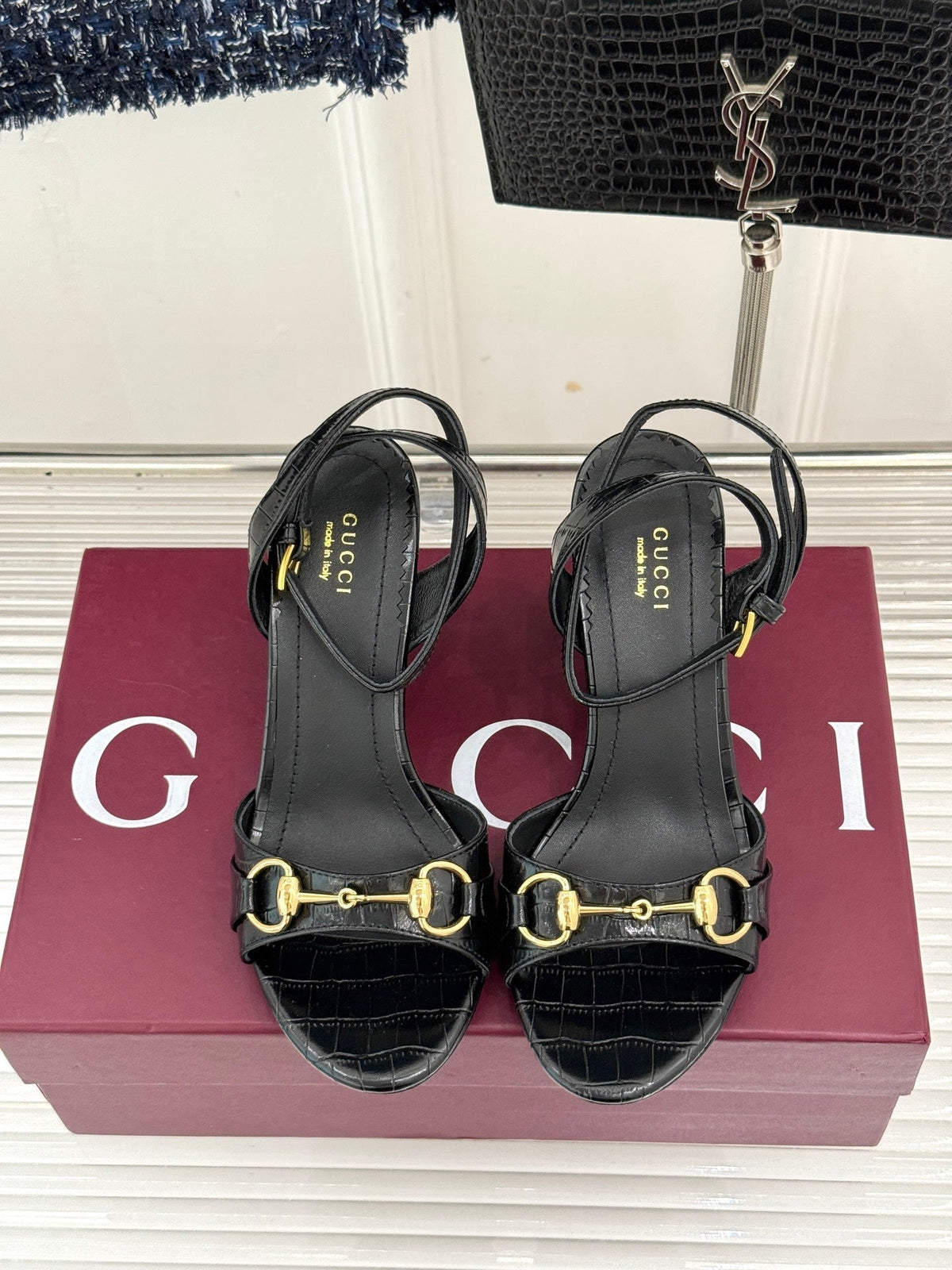 GG 26s Donna Wedge Sandal 8cm Black Embossed Sheepskin 991717