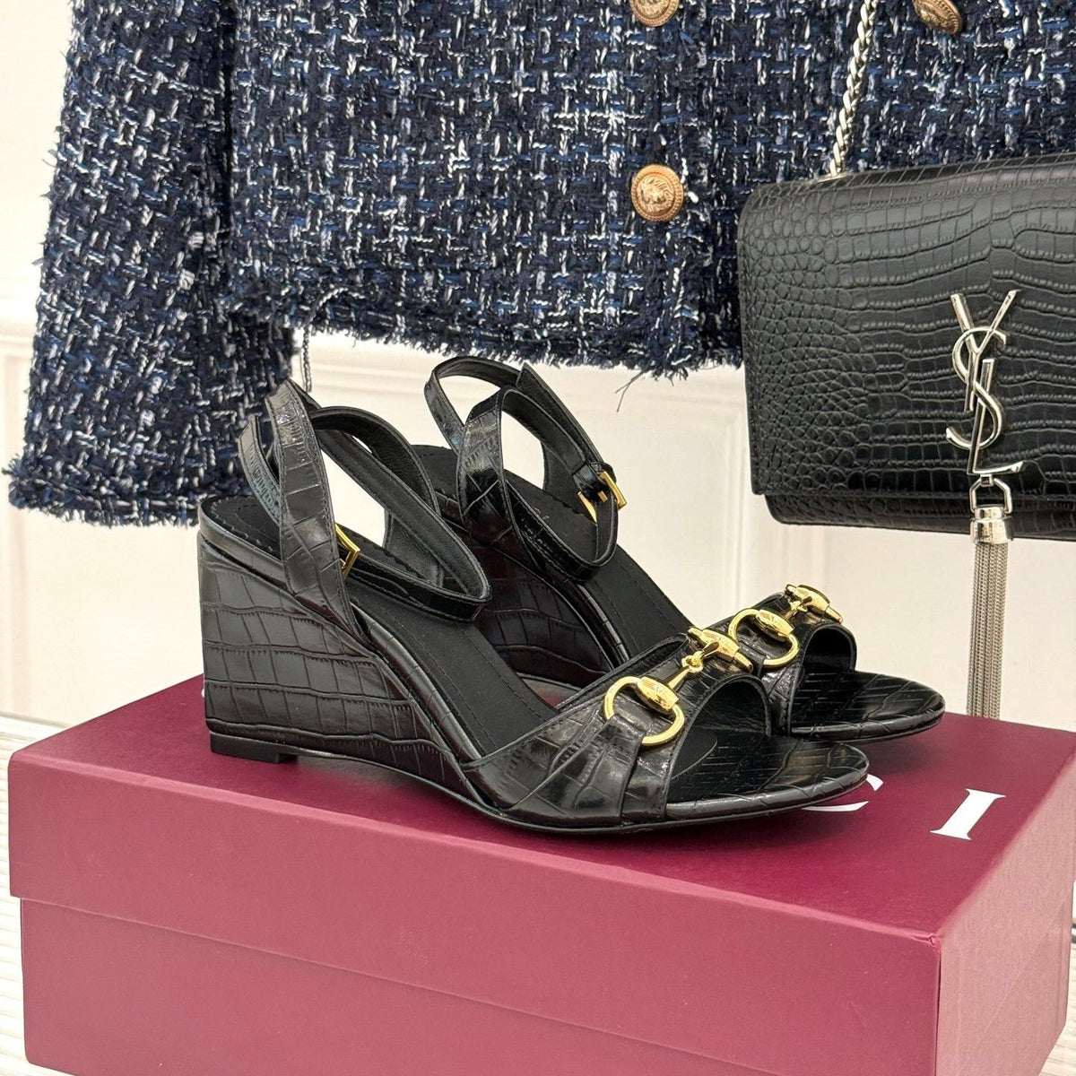 GG 26s Donna Wedge Sandal 8cm Black Embossed Sheepskin 991717