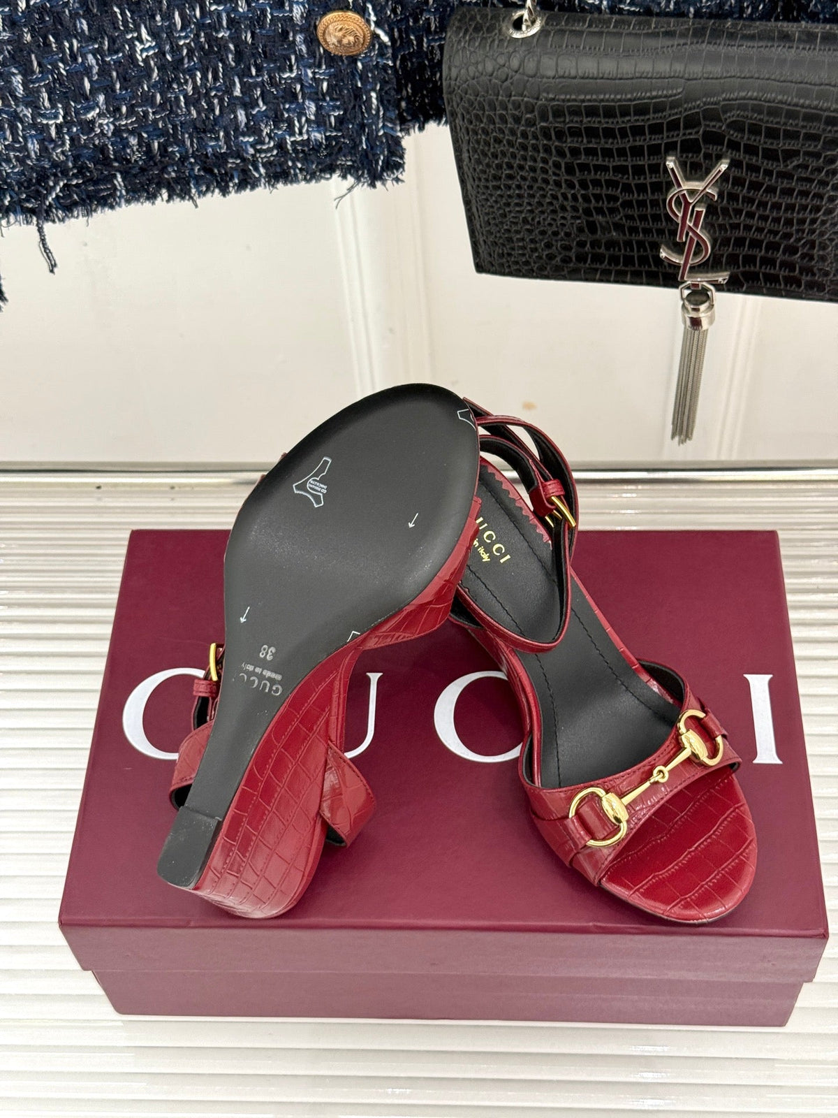 GG 26s Donna Wedge Sandal 8cm Red Embossed Sheepskin 991718