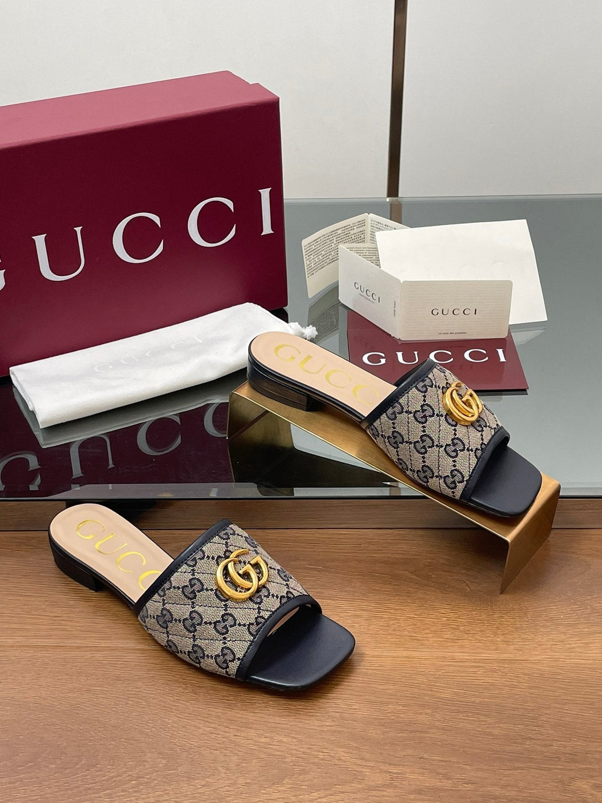 GG Matelasse Slide Sandals Navy Blue Beige Canvas Sheepskin 646486