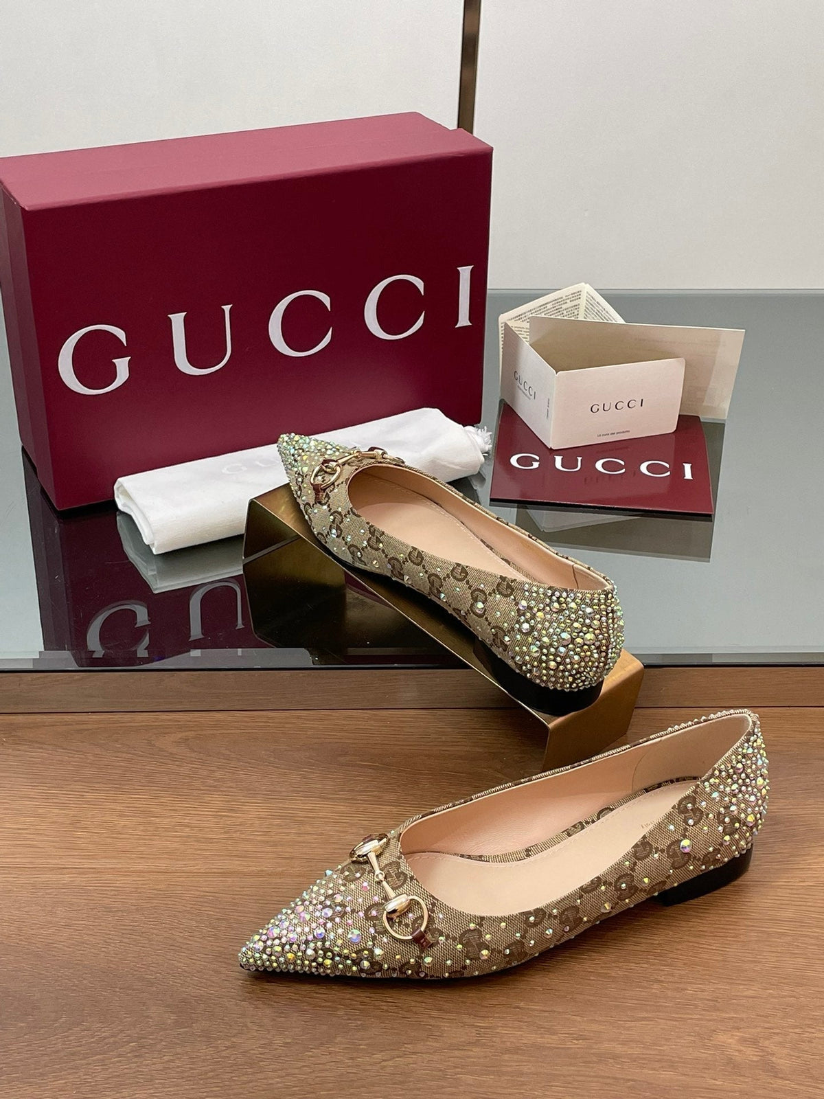 GG Horsebit Ballet Flat Beige Ebony Monogram Canvas Crystal-Embellished