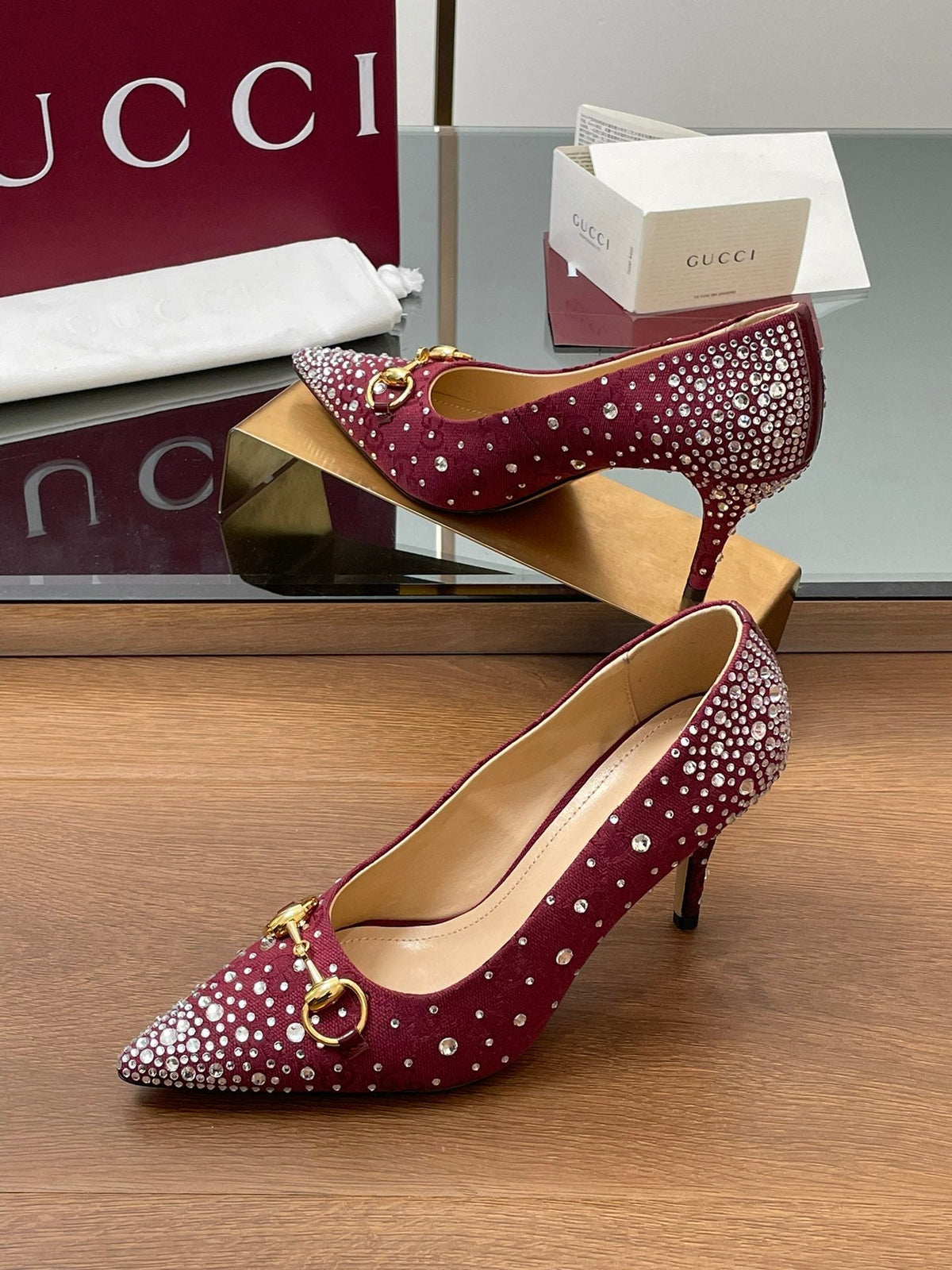 GG Horsebit Pump 85 Red Ebony Monogram Canvas Crystal-Embellished