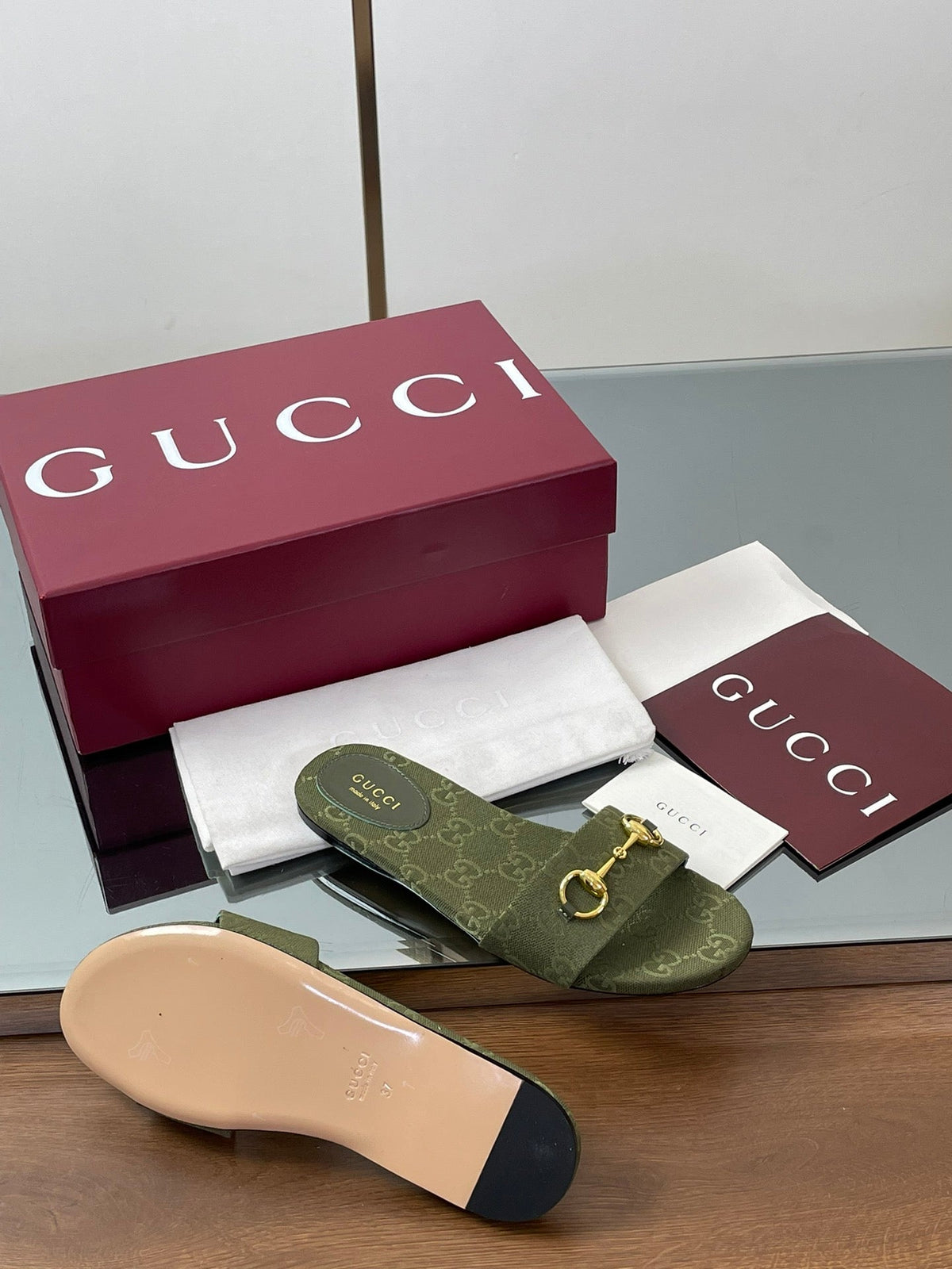GG Horsebit Slide Sandals Olive Green Canvas 646553