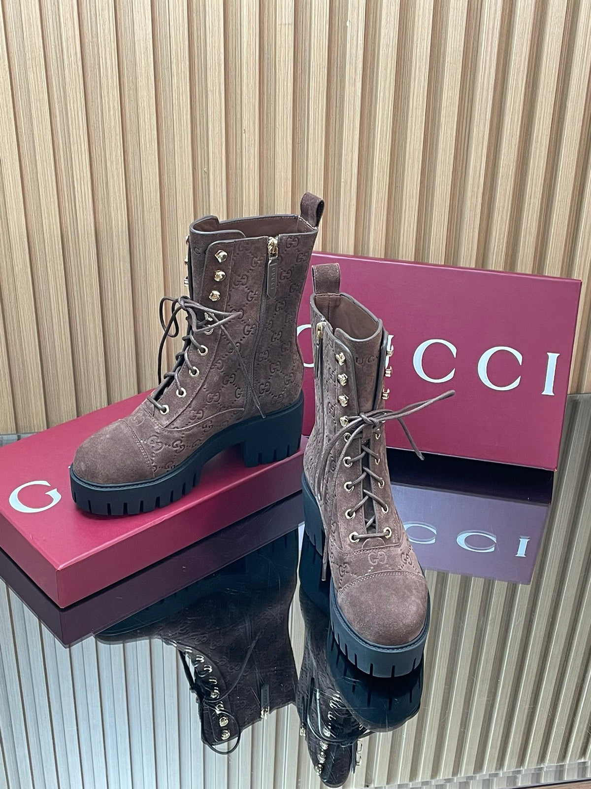 GG 26s Combat Boots Coffee GG-Embossed Suede 997187
