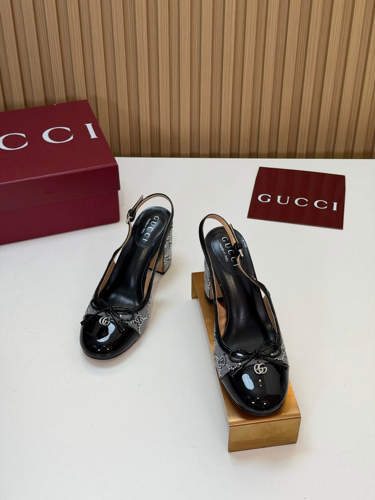 GG 26s Embellished Slingback Pumps Black Patent Leather Mesh 997167