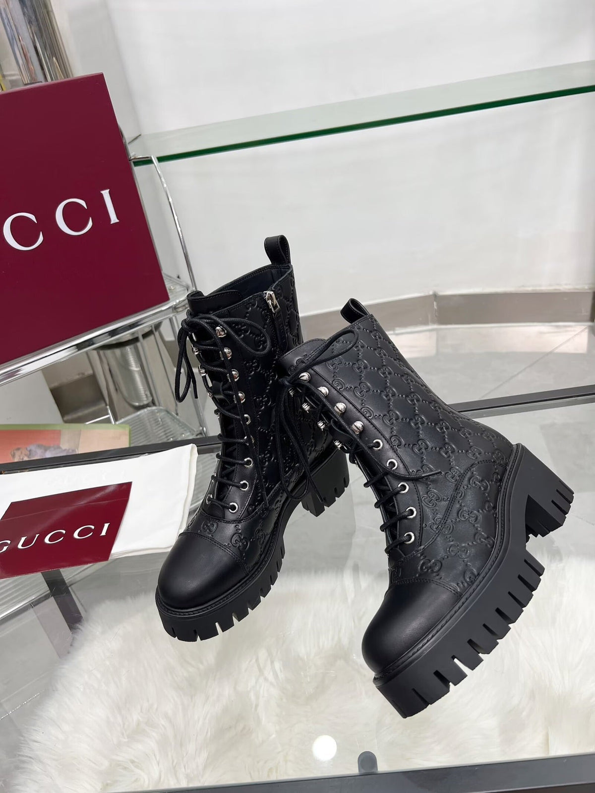 GG Platform Combat Boots Black Logo Embossed Cowhide 476791
