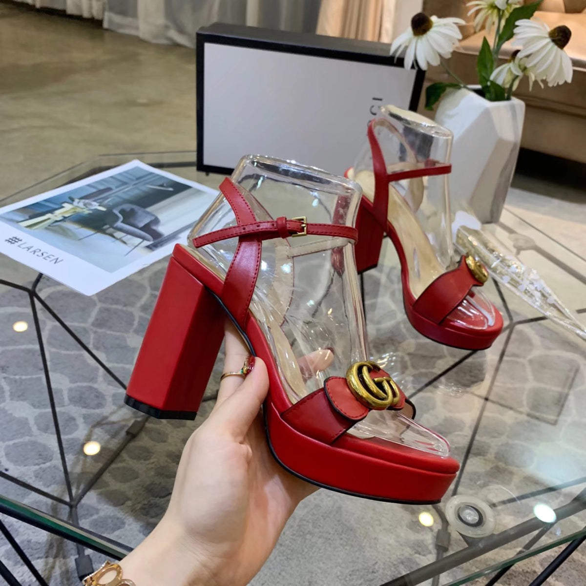 GG 26s Marmont Sandals 10cm Sandals Red Leather 926707
