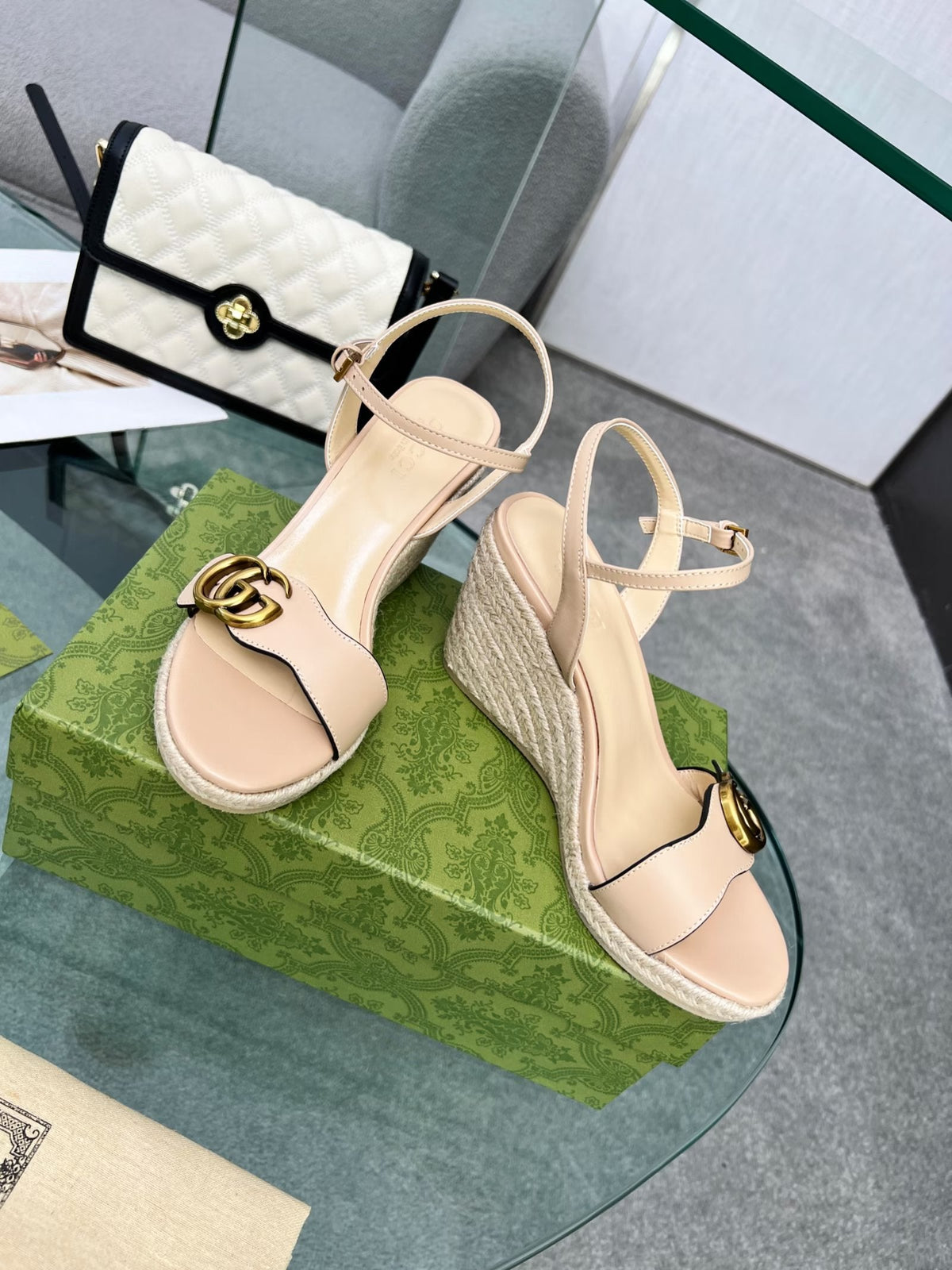 GG 26s Straw Platform Sandals 8cm Light Pink Leather 926713