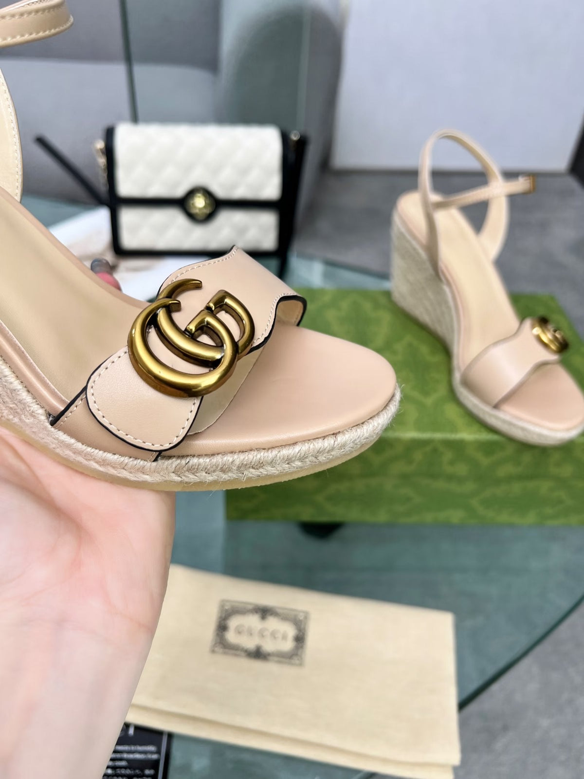 GG 26s Straw Platform Sandals 8cm Light Pink Leather 926713