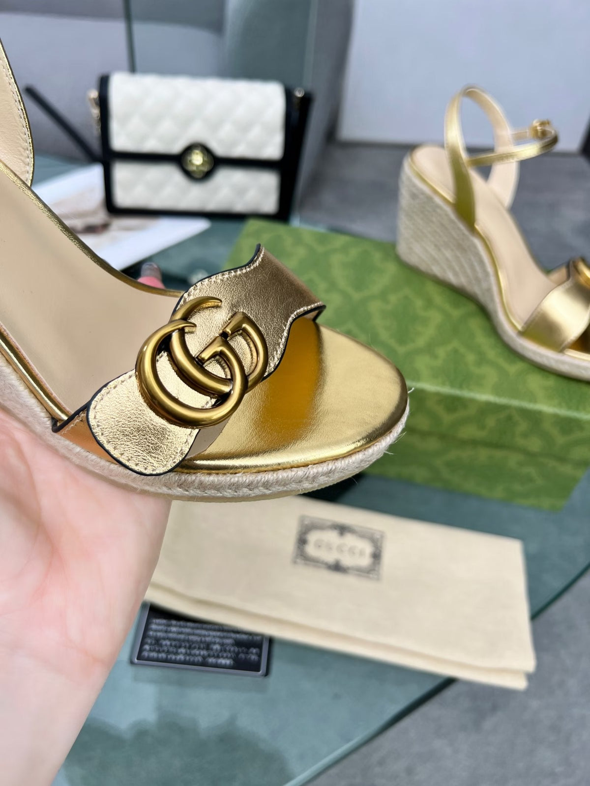 GG 26s Straw Platform Sandals 8cm Gold Leather 926712