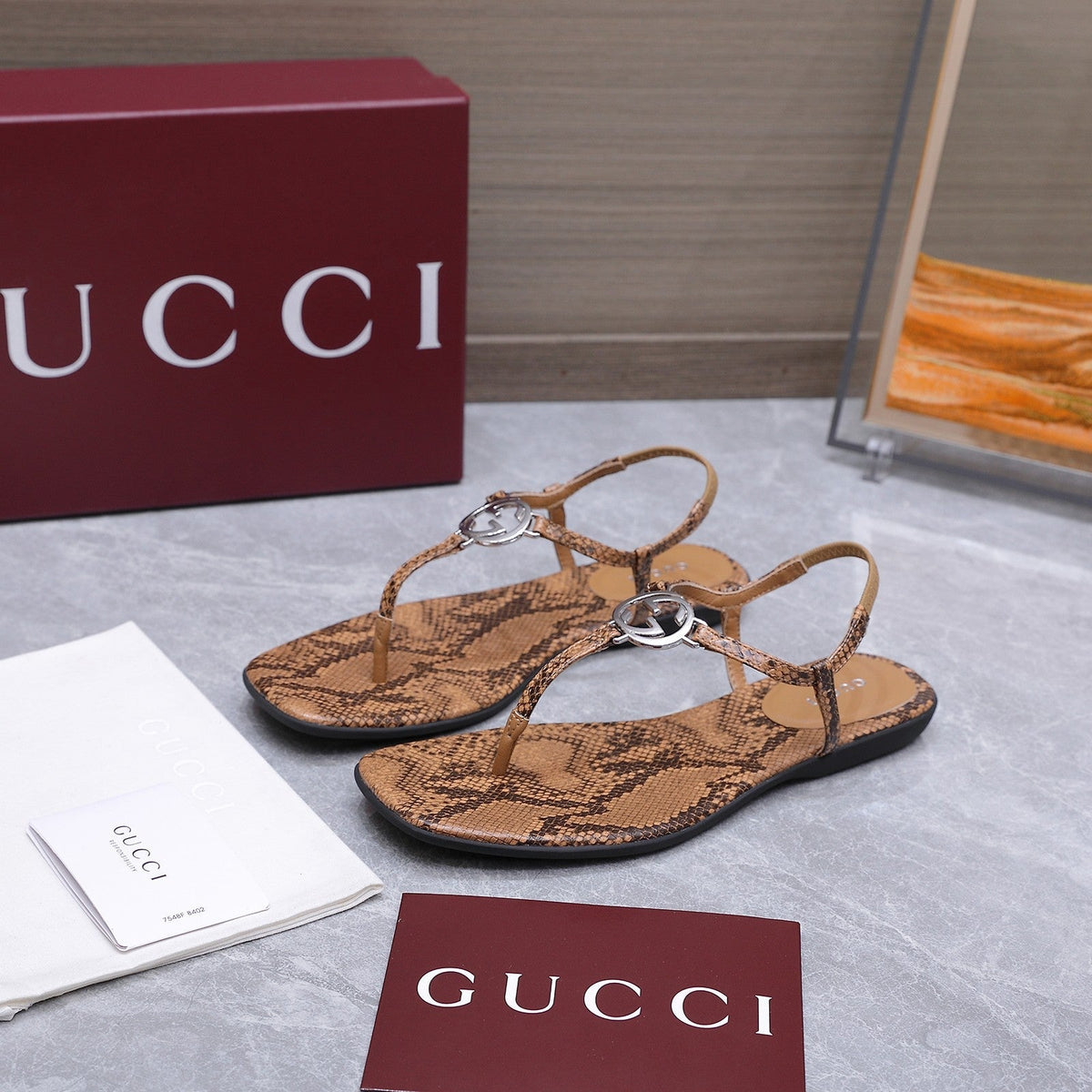 GG Thong Sandal With Interlocking G Brown Snakeskin 864293