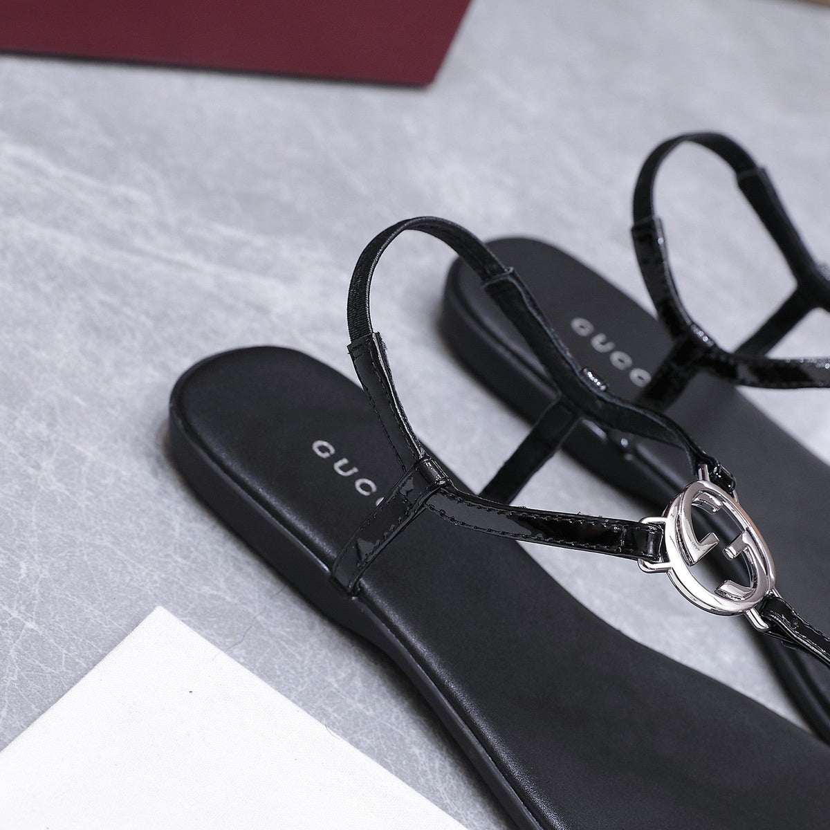 GG Thong Sandal With Interlocking G Black Sheepskin 864298