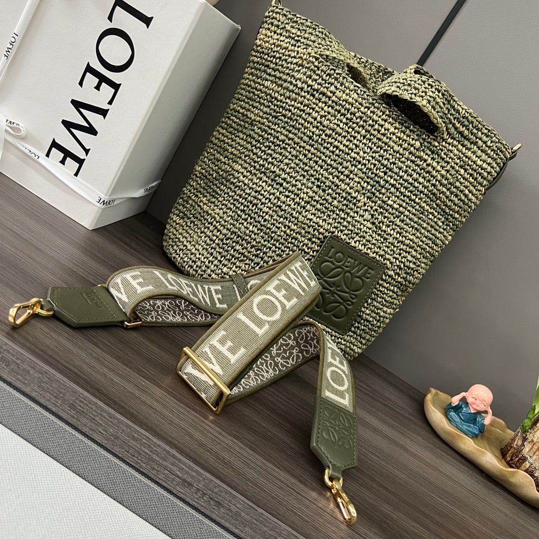 Loewe Ibiza Mini Slit Raffia Tote Bag 30cm Olive Raffia Leather