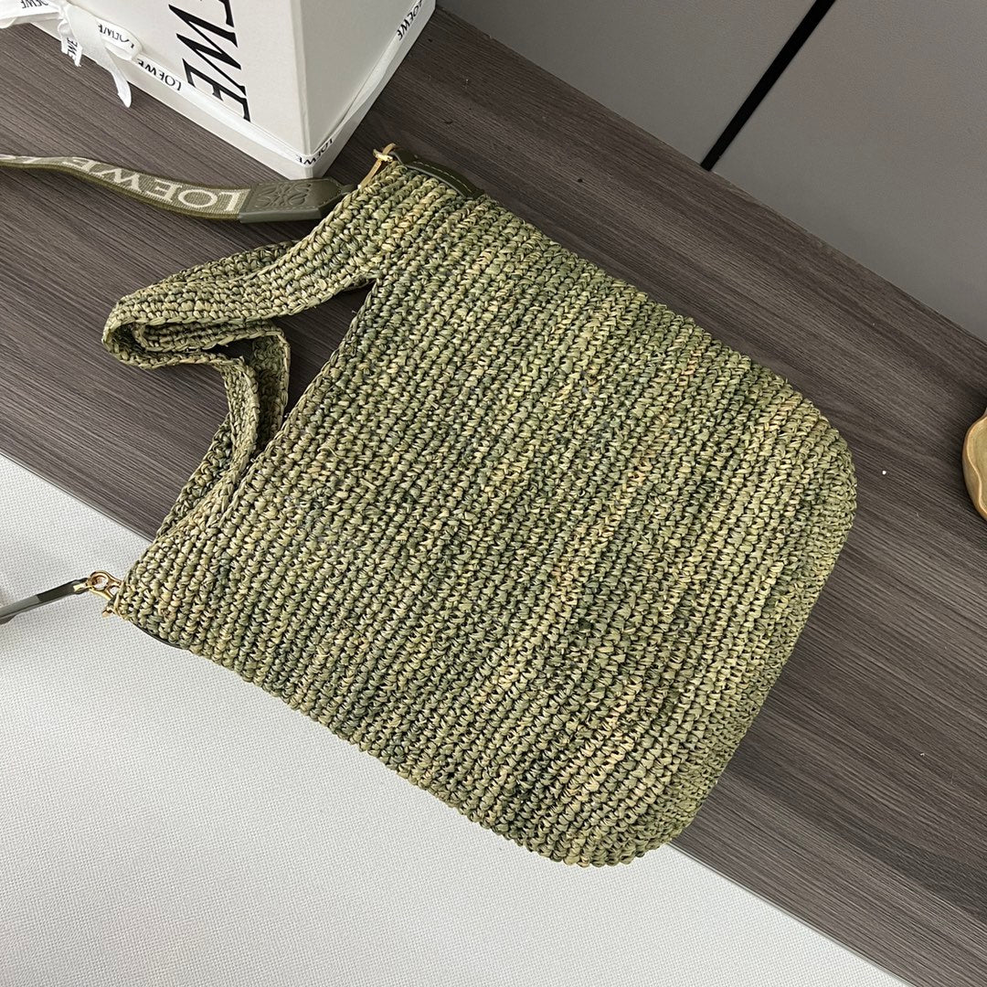 Loewe Ibiza Mini Slit Raffia Tote Bag 30cm Olive Raffia Leather