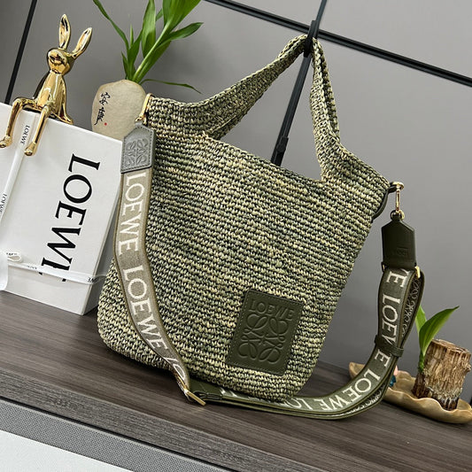 Loewe Ibiza Mini Slit Raffia Tote Bag 30cm Olive Raffia Leather